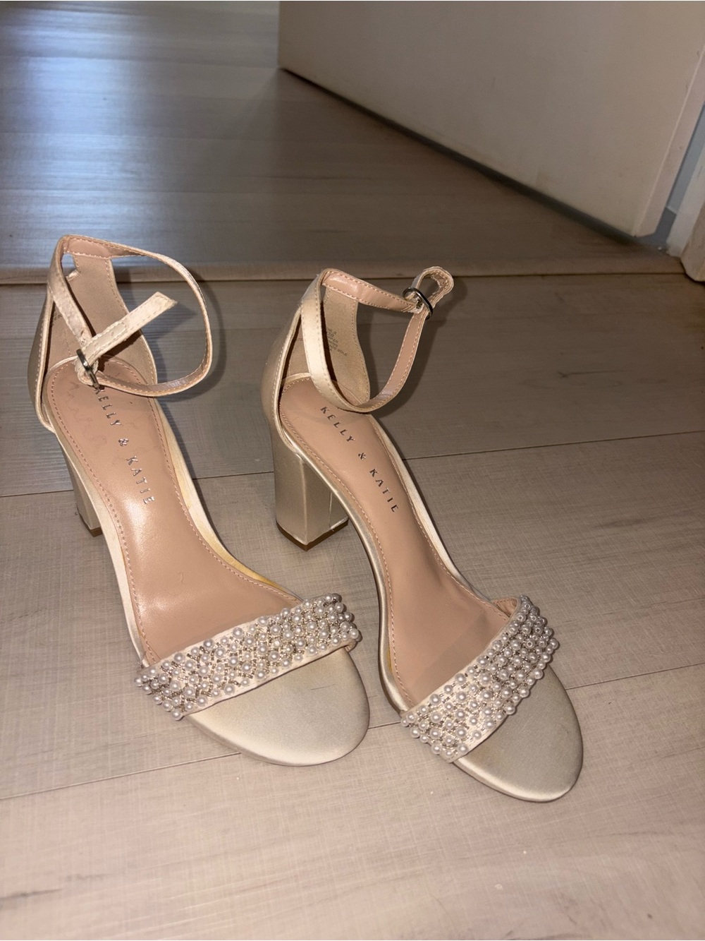 Kelly & Katie Pearl-Embellished Ankle Strap Block Heels in Champagne